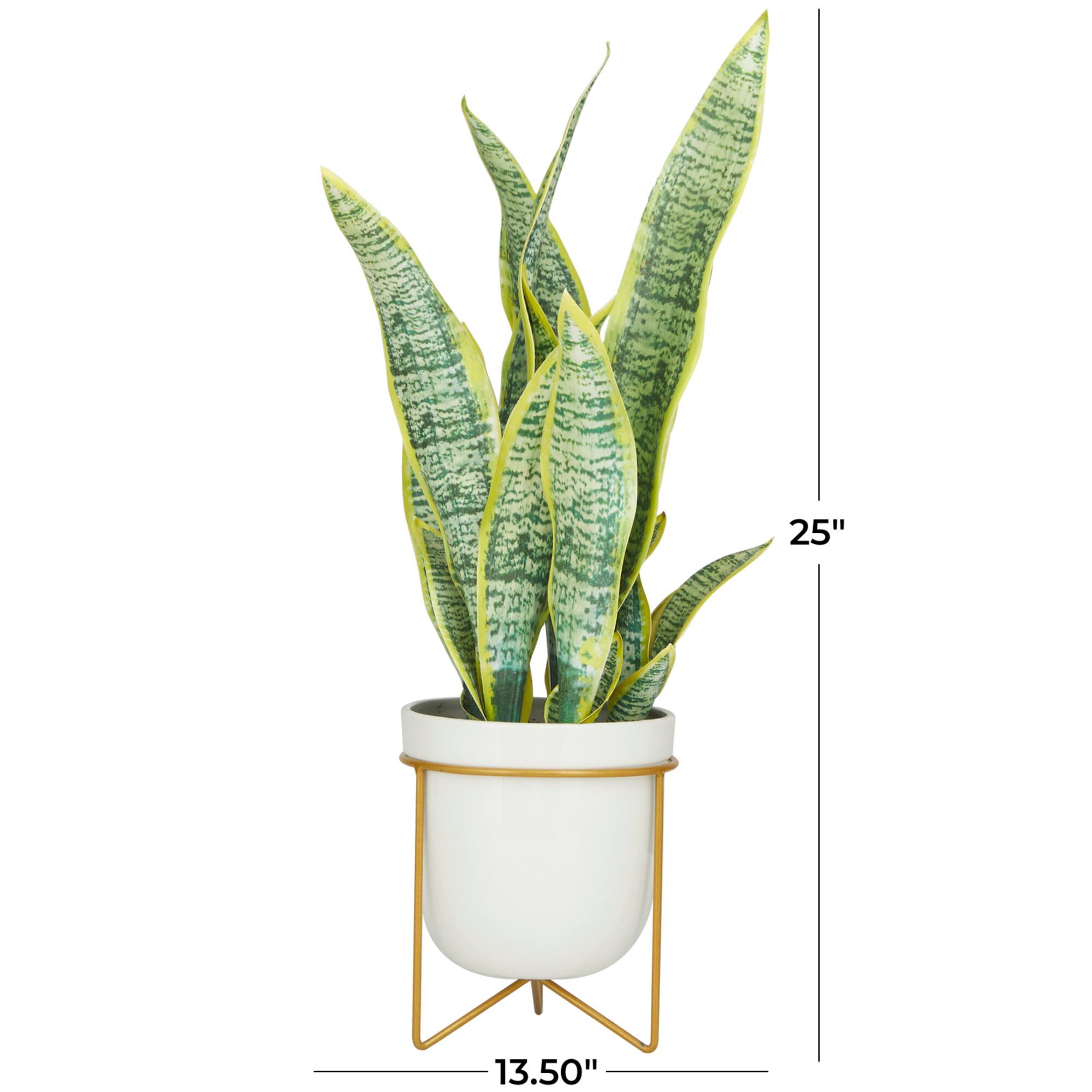 25" Green Snake Faux Foliage Artificial Plant with White Porcelain Pot and Gold Stand